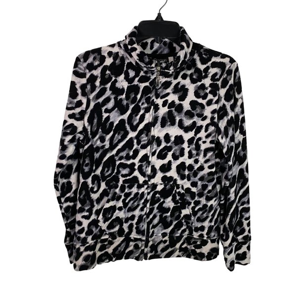 Womens‎ Vintage ONQUE CASUAL Full Zip Velour Grey Cheetah print Jacket Sz M - Picture 1 of 11